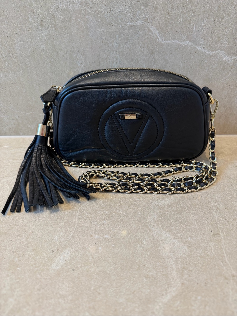 Gently Used - Mario Valentino Black Leather Crossbody Camera Bag with Tassel